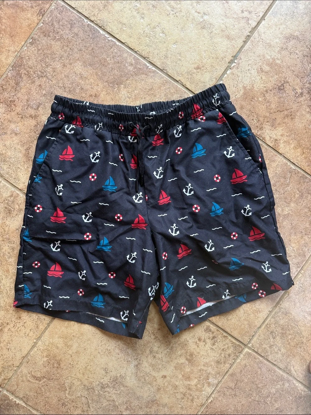 Men's Black Nautical Swim Shorts with Red & Blue Sailboat Print